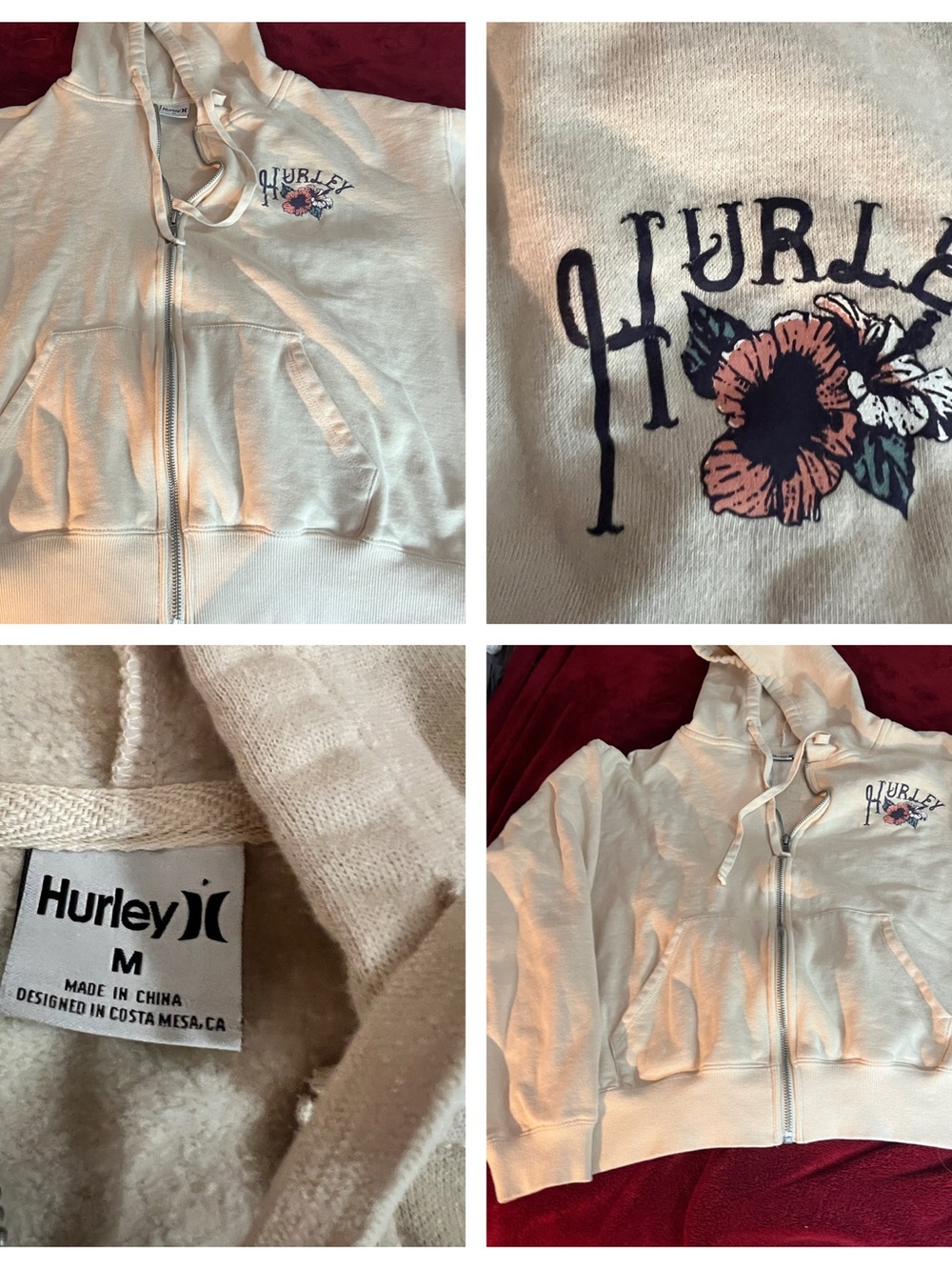 Vintage Hurley Cream Hoodie with Coral and Black Surf Graphic